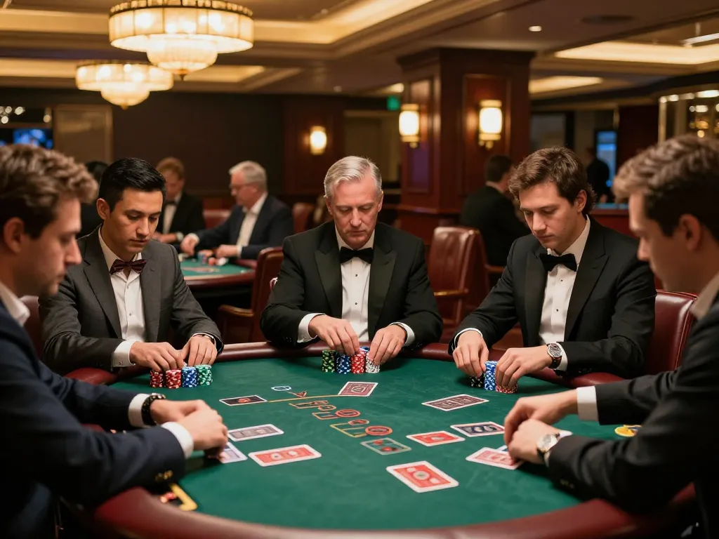cm88 blackjack players strategizing at a high-stakes table in an upscale casino lounge