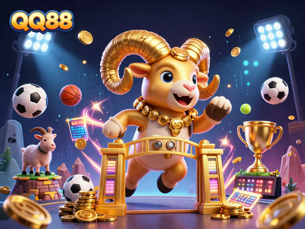 Engage with QQ88's dynamic scene featuring a golden ram at a casino gate surrounded by sports elements.