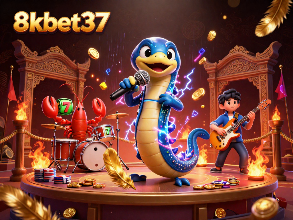 8kbet37 showcases an electrifying underwater casino scene with a DJ eel, lobster drummer, and seahorse guitarist.
