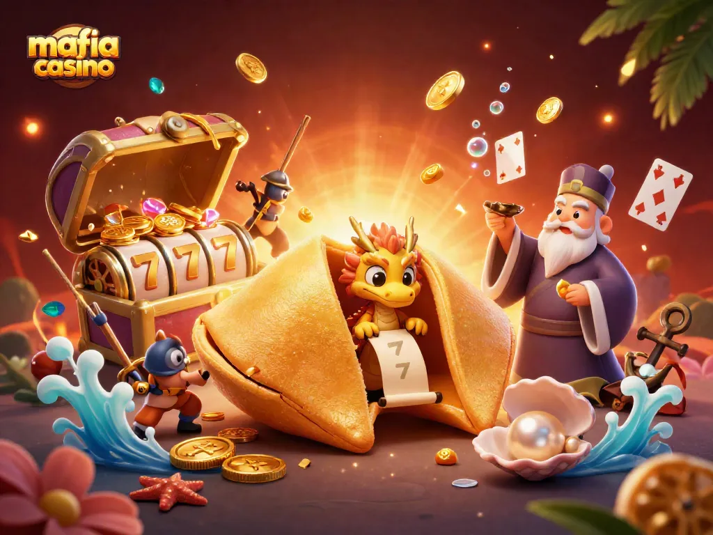 Mafia casino features a giant golden fortune cookie, a tiny dragon, and dynamic slot games with colorful gems.