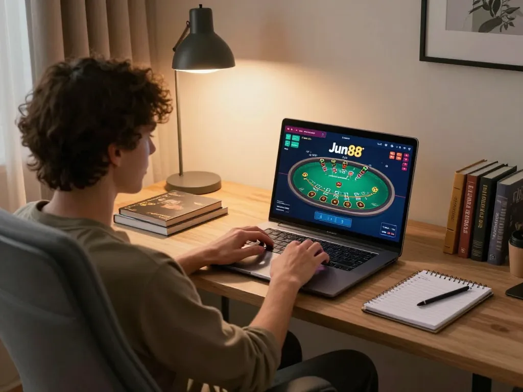 Player engaged in online blackjack at Jun88 website, showcasing strategic gaming environment