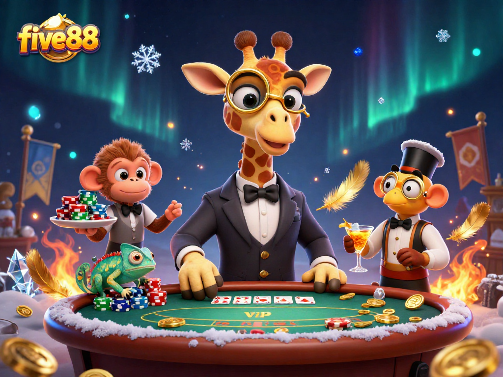 Experience thrilling gameplay at five88 with a high-roller giraffe, vibrant casino action, and dynamic betting.