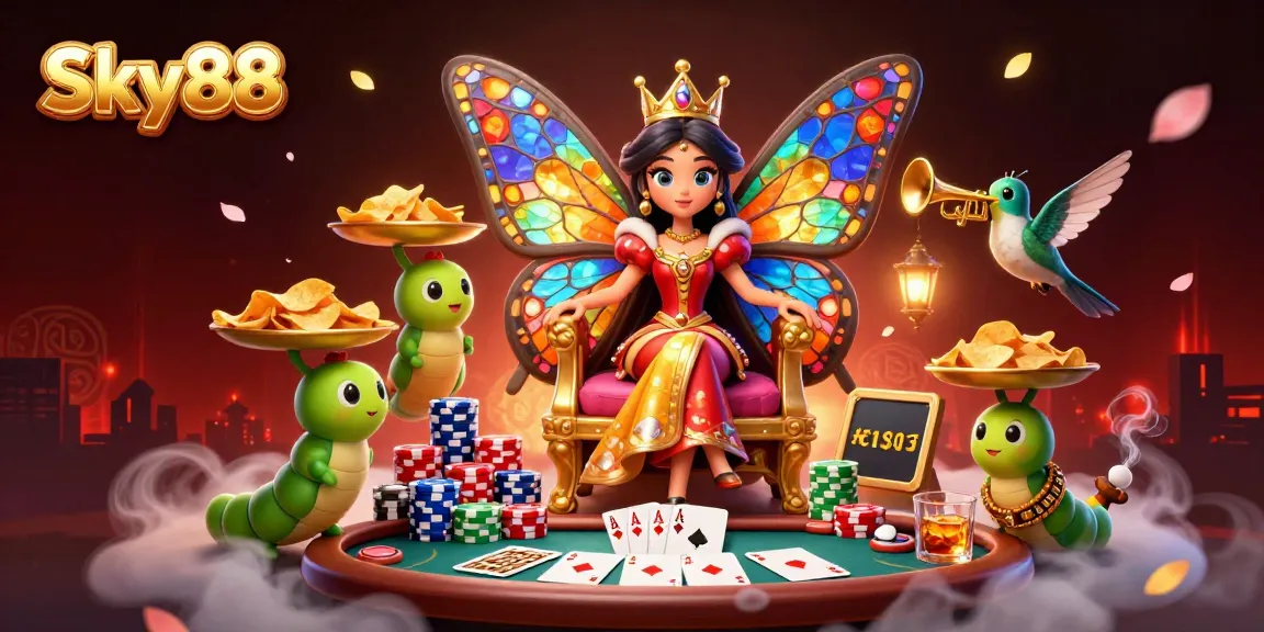 Experience the vibrant world of Sky88 with dynamic poker elements and enchanting characters.
