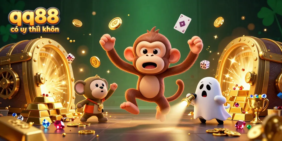 The vibrant scene showcasing the question "qq88 có uy tín không" with a poltergeist monkey and ghost-hunter puppy amidst haunted casino treasures.