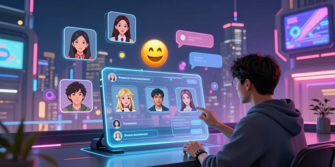Engaging in ai hentai chat with colorful anime avatars in a futuristic digital landscape.
