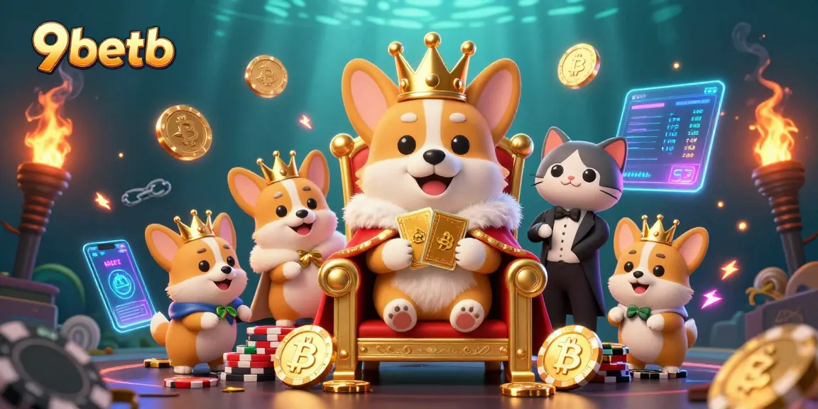 Experience thrilling bets with luxurious 9betb gaming illustrations capturing a corgi's royal flair.