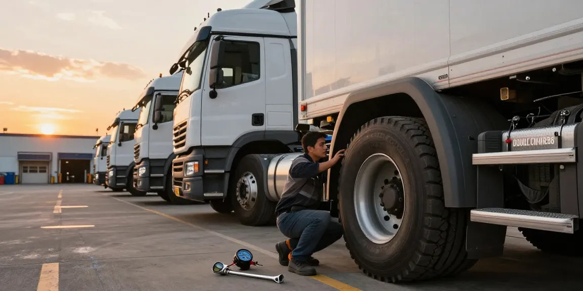 Driver inspecting a Double Coin RR99 tire at a logistics hub, showcasing quality and reliability in commercial trucking.