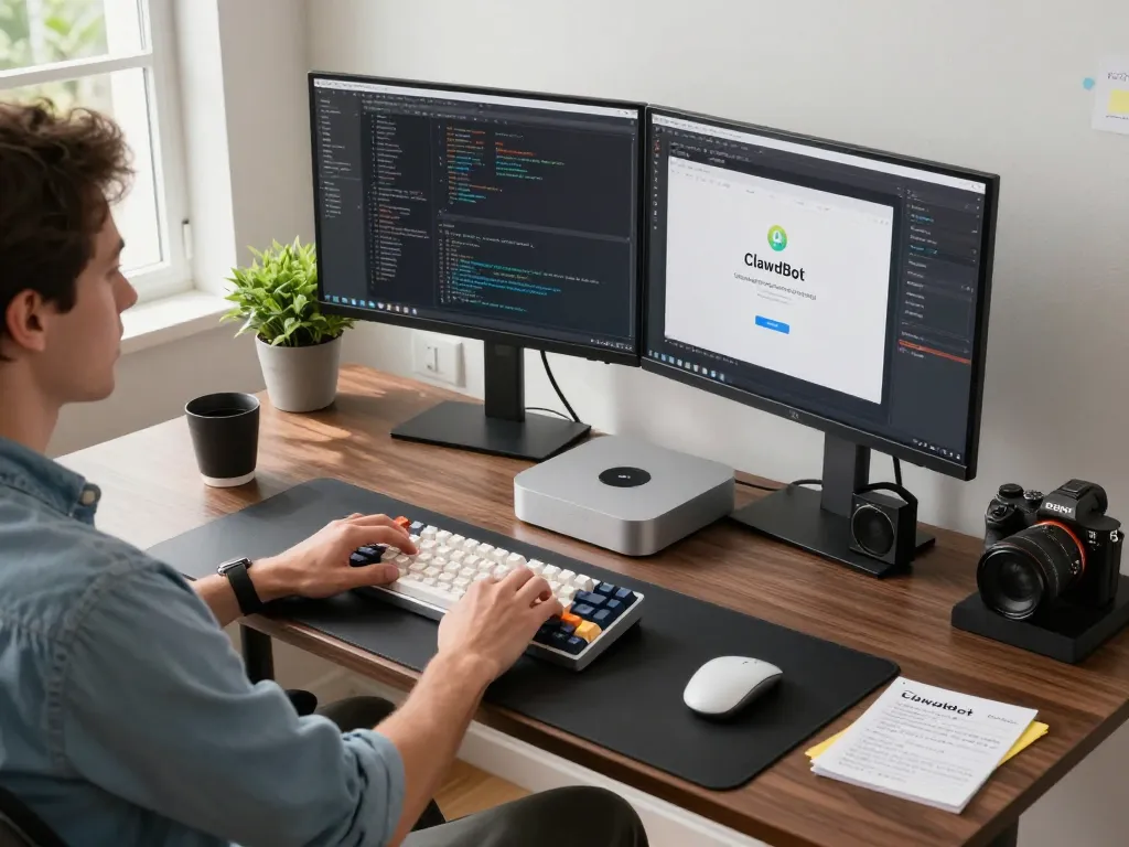 Engaged developer using a Mac mini to manage tasks through ClawdBot in a modern tech workspace.