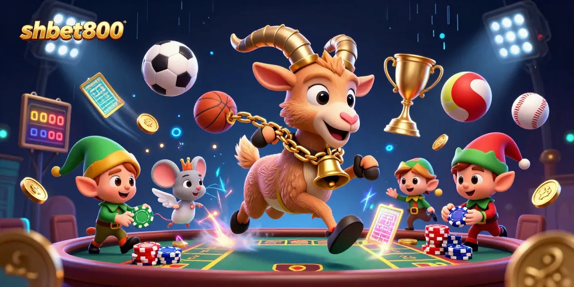 Experience thrilling games at shbet800 with a dynamic scene of a festive casino environment filled with sports elements.