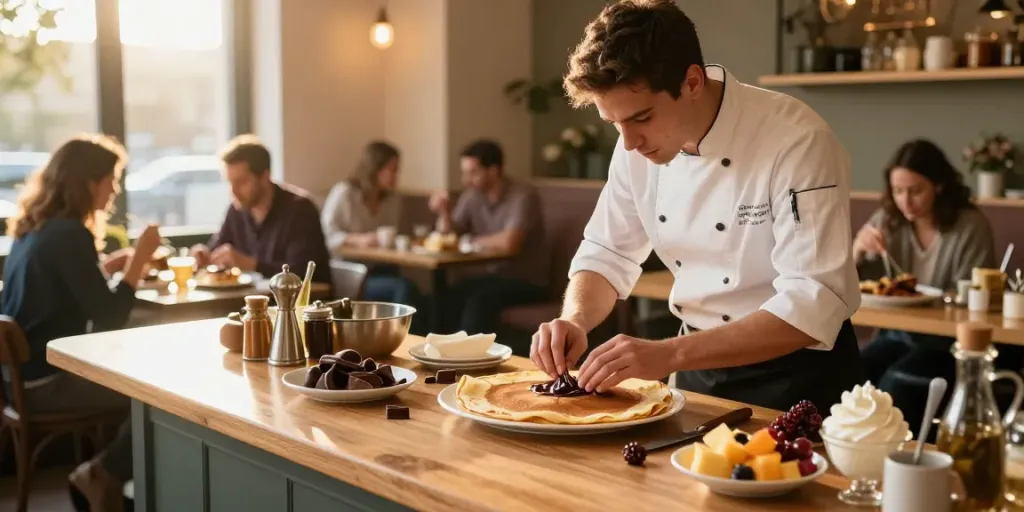 Delicious crêpes being expertly prepared at https://dcrepes.org with fresh ingredients and inviting café atmosphere.
