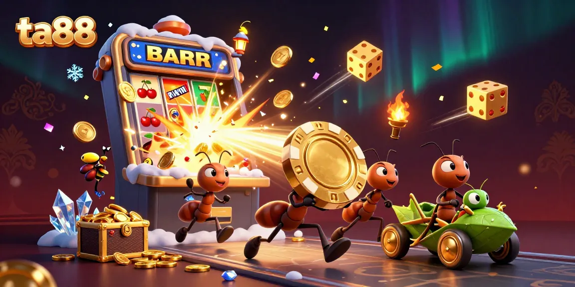 Experience the thrilling ta88 casino world through an adventurous 3D ants heist illustration.