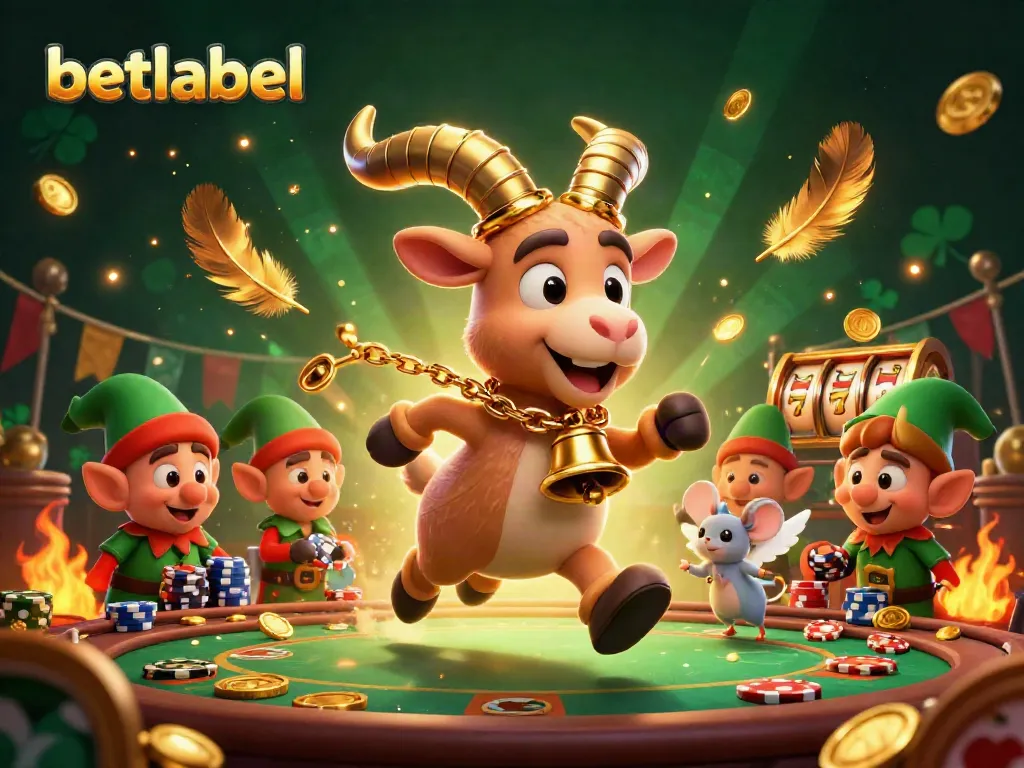Engage with Betlabel's thrilling casino atmosphere featuring characters amidst swirling coins and vibrant gameplay elements.