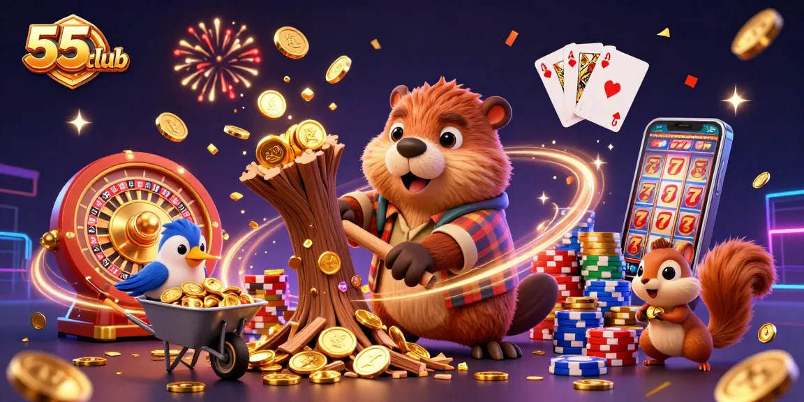Experience the thrill of winning with 55club's dynamic casino scene filled with gold coins and lucky symbols.