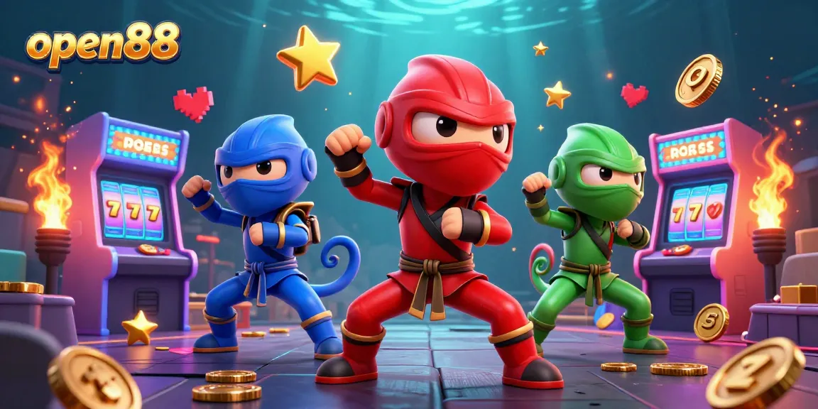 Engage in thrilling gameplay at open88 with colorful arcade elements and chameleons in action.