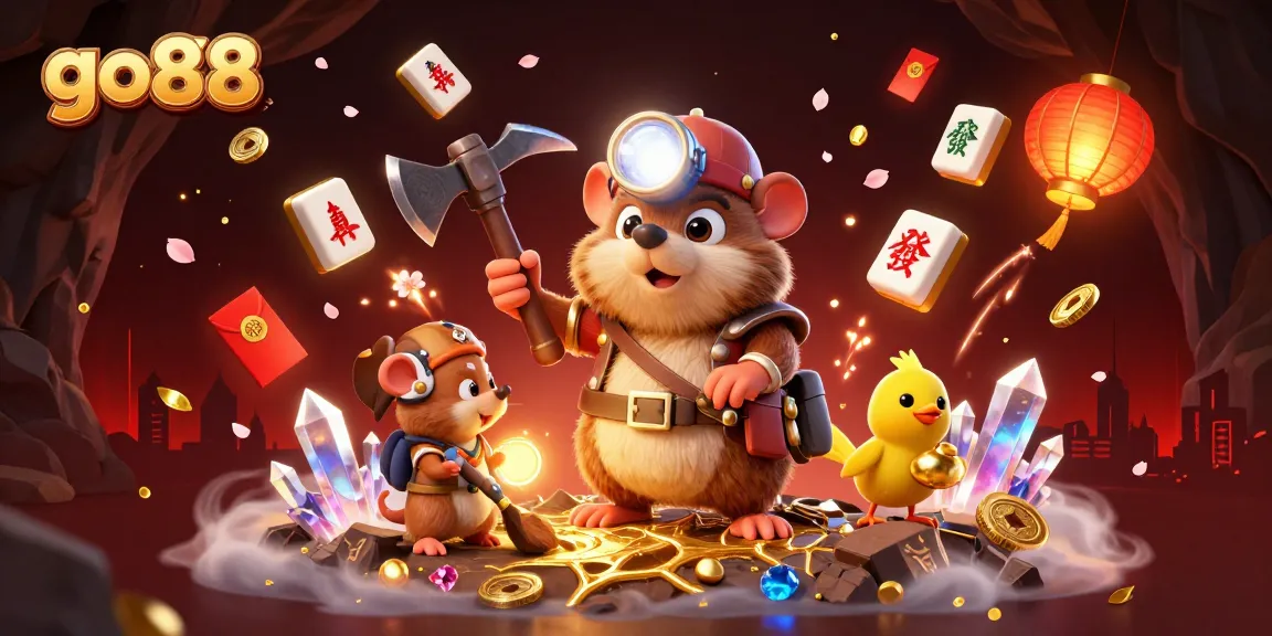 Engage with go88 in a vibrant 3D scene of a treasure hunter exploring a cave filled with golden mining treasures.