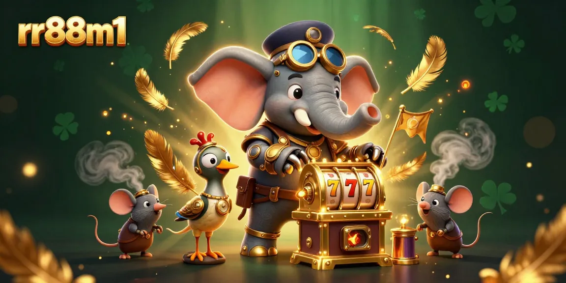 Spin the golden slot machine alongside innovative characters of rr88m1 in a vibrant, engaging casino scene.