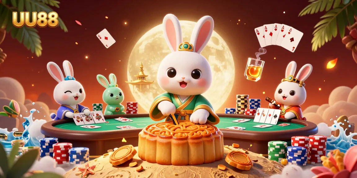 Engage with UU88 gaming as a moon rabbit reveals poker chips in an enchanting 3D casino scene.