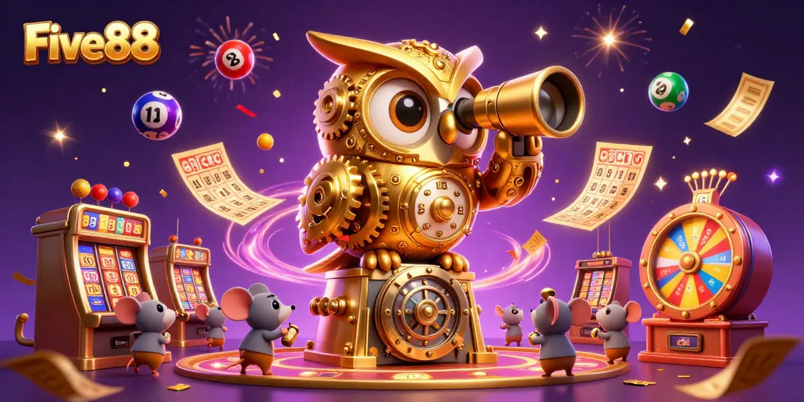 Experience the thrilling world of Five88 with a dazzling illustration of vibrant casino games and energetic characters.