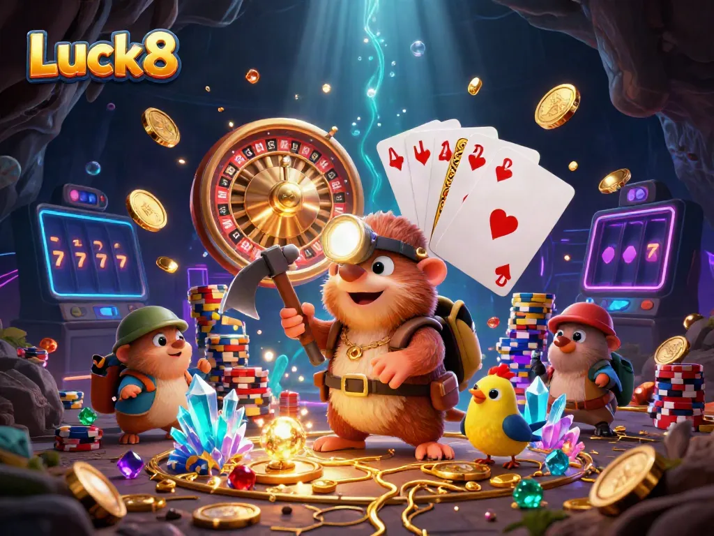 Experience the thrill of Luck8 with a treasure hunter mole and canary amidst a dazzling casino scene.
