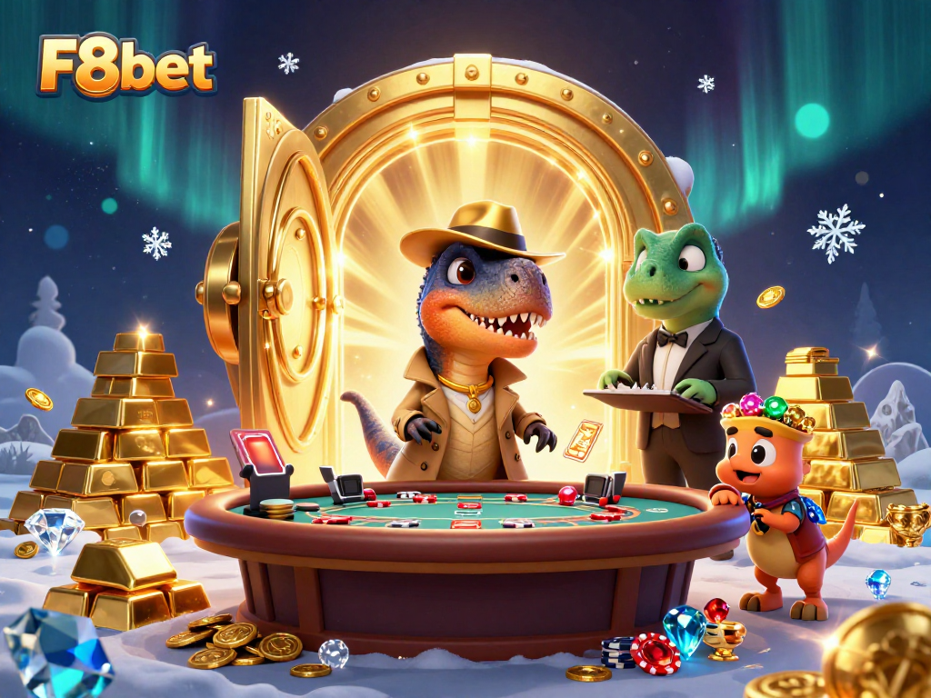 F8bet velociraptor card counter at a dynamic casino scene with gold treasures