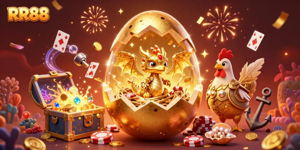 Experience the thrill of winning at RR88 with a stunning 3D scene of a golden dragon on poker chips.