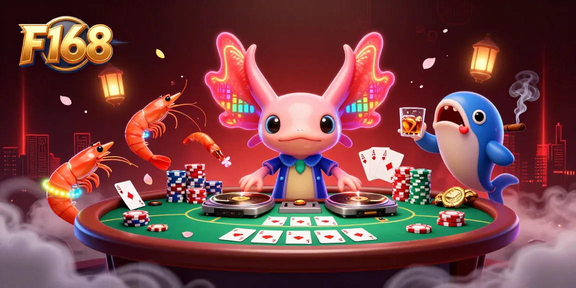 Experience thrilling moments with F168 in a dynamic casino scene featuring vibrant characters and poker action.