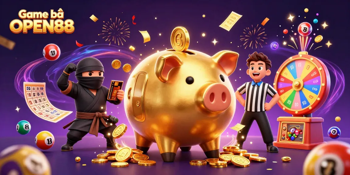 Join the fun at Game bài OPEN88 with colorful lottery balls, golden tickets, and exciting characters!
