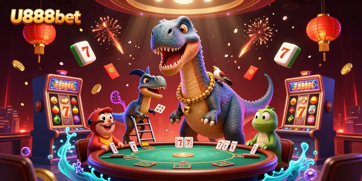 Interact with the vibrant slot-themed scene featuring U888bet characters amidst dazzling gaming elements and festive decorations.