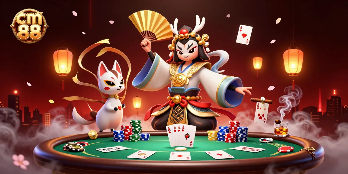 Engage with cm 88's thrilling gaming world featuring a dynamic kabuki warrior and poker elements.