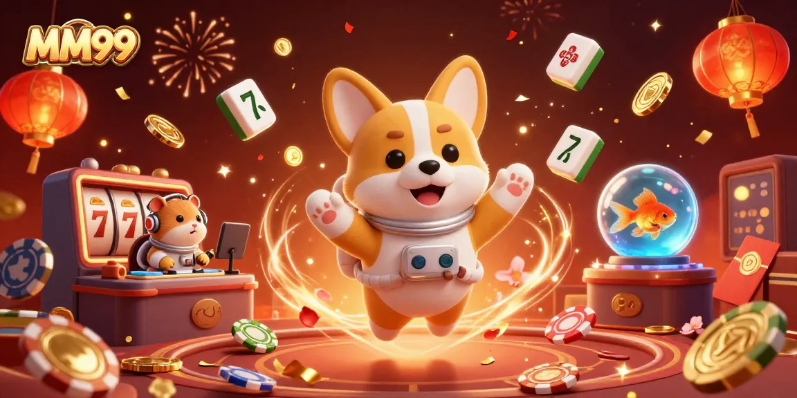 Experience MM99's thrilling space casino adventure with a floating astronaut corgi among drifting poker chips and golden coins.